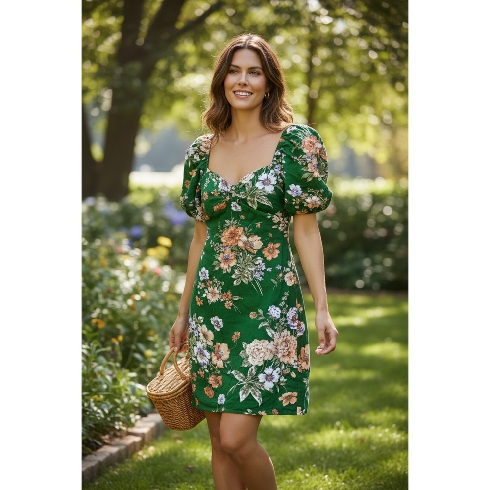 Sim & Sam Mini Dress Womens Green Floral Puff Sleeve Smocked Back Small